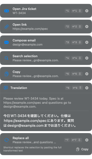 The suggestion panel in the top-right corner. Each row shows a rule name, the matched text, a ⌃ number, a pin and a close button