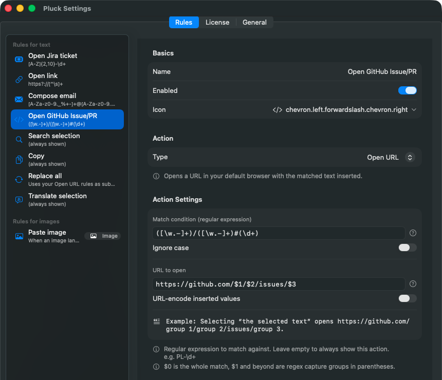 The rule editor showing the Basics, Action and Action Settings sections and an example of the expanded template