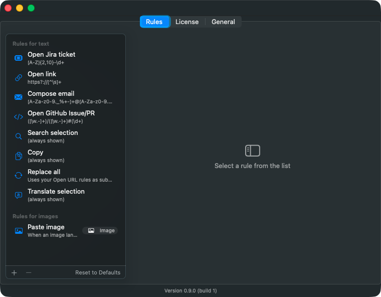 The Rules tab of Settings, with the sidebar split into Rules for text and Rules for images